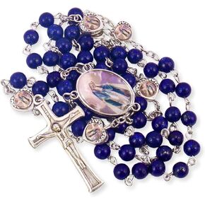 Nazareth Store Natural Stone Beads with Miraculous Epoxy Heart Metal Beads Rosary Necklace Gemstone Christian Gifts