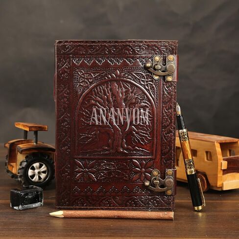 Handmade Leather Journal, Vintage Color, Tree of Life Hand Embossed Design, Genuine Leather Notebook Diary,Sketchbook with Two Brass Clasp Lock, Journal for Men & Women, Office Journal Deckle in Saudi Arabia