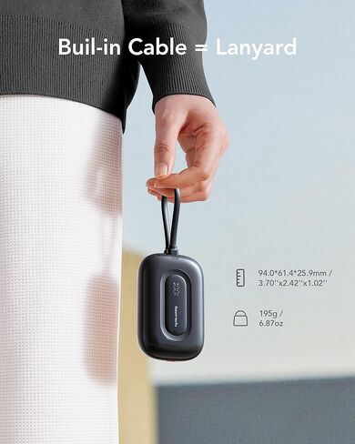 شاحن محمول صغير من Charmast مع كابل مدمج (قابل للإزالة)، بنك طاقة مدمج 20 وات شحن سريع، حزمة بطارية USB C 10000 مللي أمبير في الساعة، أساسيات السفر متوافقة مع iPhone 15/14/13/12 Samsung in Kuwait