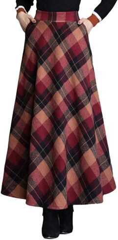 Women's Plaid Skirt Warm Elastic Waist Wool A-Line Pleated Tartan Winter Long Skirts in Saudi Arabia