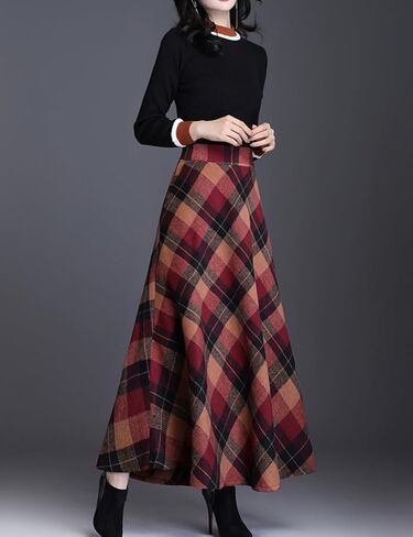 Women's Plaid Skirt Warm Elastic Waist Wool A-Line Pleated Tartan Winter Long Skirts in Saudi Arabia