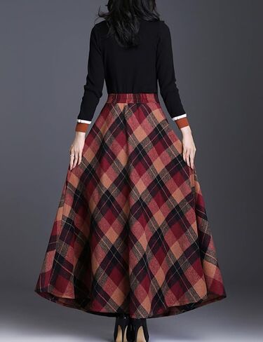 Women's Plaid Skirt Warm Elastic Waist Wool A-Line Pleated Tartan Winter Long Skirts in Saudi Arabia