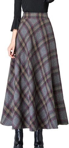 Women's Plaid Skirt Warm Elastic Waist Wool A-Line Pleated Tartan Winter Long Skirts in Saudi Arabia