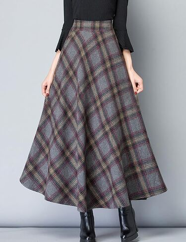 Women's Plaid Skirt Warm Elastic Waist Wool A-Line Pleated Tartan Winter Long Skirts in Saudi Arabia