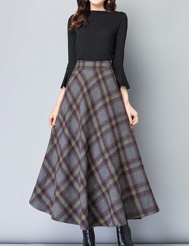 Women's Plaid Skirt Warm Elastic Waist Wool A-Line Pleated Tartan Winter Long Skirts in Saudi Arabia