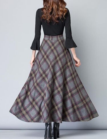 Women's Plaid Skirt Warm Elastic Waist Wool A-Line Pleated Tartan Winter Long Skirts in Saudi Arabia