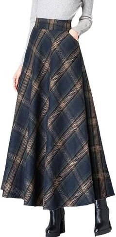 Women's Plaid Skirt Warm Elastic Waist Wool A-Line Pleated Tartan Winter Long Skirts in Saudi Arabia