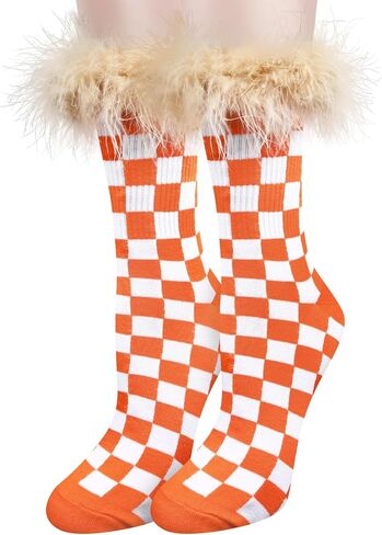 Benefeet Sox Women Plaid Socks Novelty Checked Socks with Feather Top Girls Colorful Feather Crew Socks Crazy Christmas Socks in Saudi Arabia