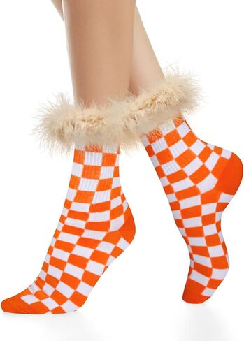 Benefeet Sox Women Plaid Socks Novelty Checked Socks with Feather Top Girls Colorful Feather Crew Socks Crazy Christmas Socks in Saudi Arabia