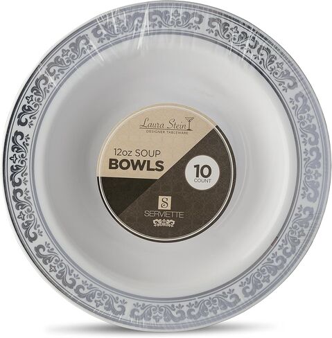 [40 Count - 5 Oz Bowls] Laura Stein Designer Tableware Premium Heavyweight Plastic White Dessert Bowl With Silver Designed Border, Party & Wedding Plate Serviette Series Disposable Dishes in Saudi Arabia
