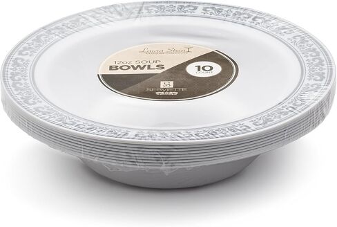 [40 Count - 5 Oz Bowls] Laura Stein Designer Tableware Premium Heavyweight Plastic White Dessert Bowl With Silver Designed Border, Party & Wedding Plate Serviette Series Disposable Dishes in Saudi Arabia