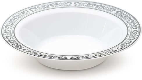 [40 Count - 5 Oz Bowls] Laura Stein Designer Tableware Premium Heavyweight Plastic White Dessert Bowl With Silver Designed Border, Party & Wedding Plate Serviette Series Disposable Dishes in Saudi Arabia
