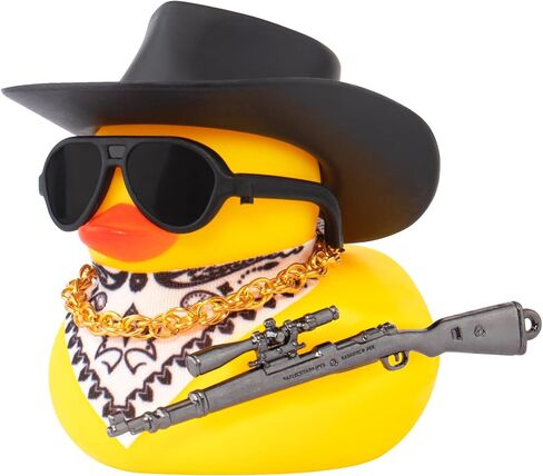 wonuu Car Rubber Duck Ornament Cool Car Accessories Duck Car Dashboard Decoration Special Prop Cowboy Hat Necklace, M416 in Saudi Arabia