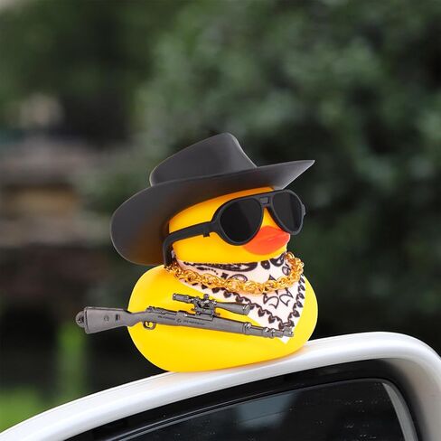 wonuu Car Rubber Duck Ornament Cool Car Accessories Duck Car Dashboard Decoration Special Prop Cowboy Hat Necklace, M416 in Saudi Arabia