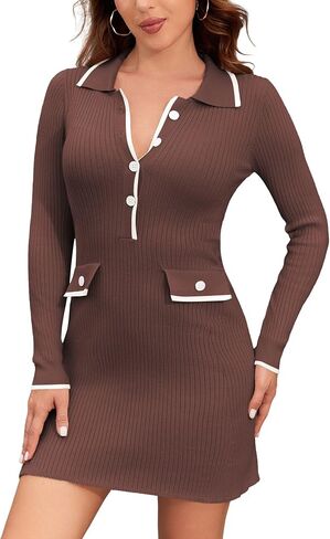 ZAFUL Women 2024 Fall Long Sleeve Sweater Dress Button Knit Dresses Bodycon Knit Sweater Mini Dress in Saudi Arabia