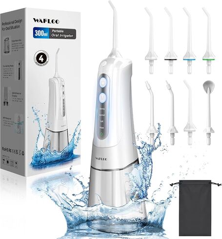 Cordless Water Dental Flosser for Teeth, with 8 Jet Tips, 300ML Tank Oral Irrigator Portable with 4 Modes IPX7 Waterproof Rechargeable Water Floss for Home Travel, Adults Teeth Cleaning (Black) in Saudi Arabia