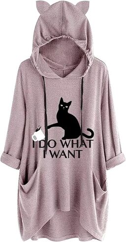 Gesaofa I Do What I Want Cat Graphic Hoodies for Women Irregular Hem 3/4 Sleeve Cat Ear Hooded Tunic Tops with Pockets in Saudi Arabia