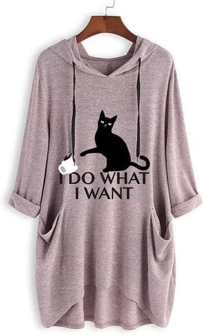 Gesaofa I Do What I Want Cat Graphic Hoodies for Women Irregular Hem 3/4 Sleeve Cat Ear Hooded Tunic Tops with Pockets in Saudi Arabia