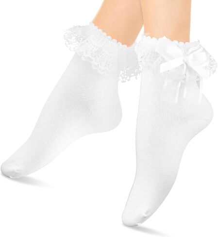 Women Lace Ankle Socks, Lace Ruffle Frilly Ankle Socks Calf Socks for Women, White Soft Cotton Socks in Saudi Arabia
