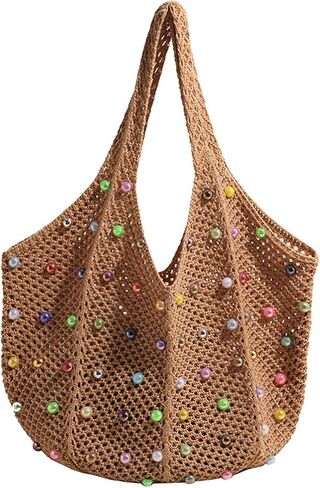 Boho Crochet Beach Tote Shoulder Bag with Colored Beads | Colorful Aesthetic Hippie Knit Bag for Women in Saudi Arabia
