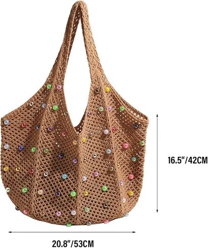 Boho Crochet Beach Tote Shoulder Bag with Colored Beads | Colorful Aesthetic Hippie Knit Bag for Women in Saudi Arabia