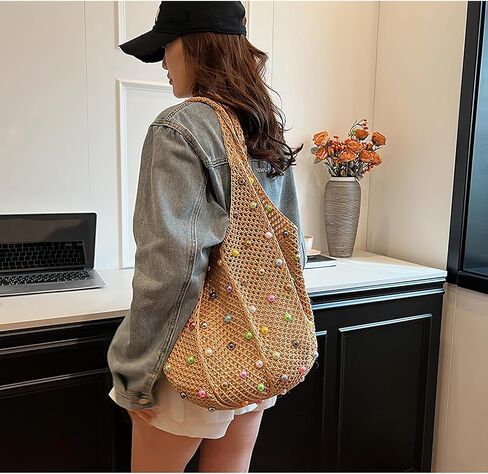 Boho Crochet Beach Tote Shoulder Bag with Colored Beads | Colorful Aesthetic Hippie Knit Bag for Women in Saudi Arabia