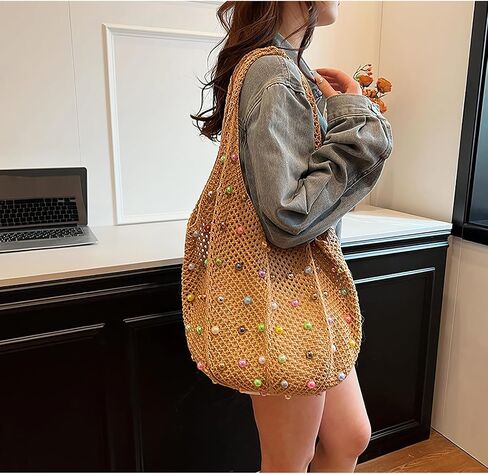 Boho Crochet Beach Tote Shoulder Bag with Colored Beads | Colorful Aesthetic Hippie Knit Bag for Women in Saudi Arabia