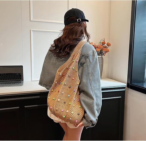 Boho Crochet Beach Tote Shoulder Bag with Colored Beads | Colorful Aesthetic Hippie Knit Bag for Women in Saudi Arabia