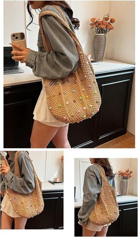 Boho Crochet Beach Tote Shoulder Bag with Colored Beads | Colorful Aesthetic Hippie Knit Bag for Women in Saudi Arabia