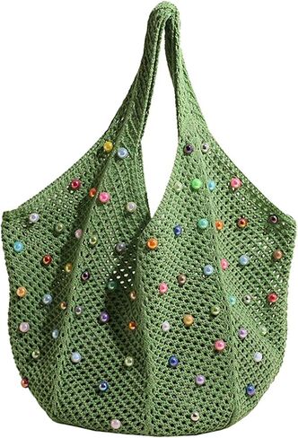 Boho Crochet Beach Tote Shoulder Bag with Colored Beads | Colorful Aesthetic Hippie Knit Bag for Women in Saudi Arabia