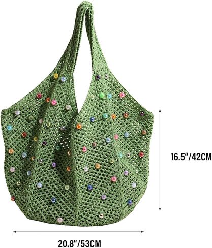 Boho Crochet Beach Tote Shoulder Bag with Colored Beads | Colorful Aesthetic Hippie Knit Bag for Women in Saudi Arabia