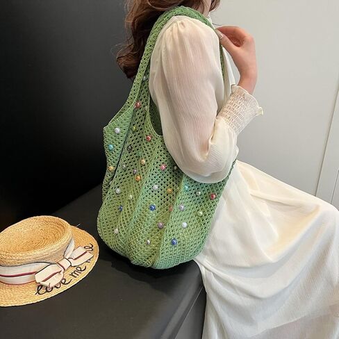 Boho Crochet Beach Tote Shoulder Bag with Colored Beads | Colorful Aesthetic Hippie Knit Bag for Women in Saudi Arabia