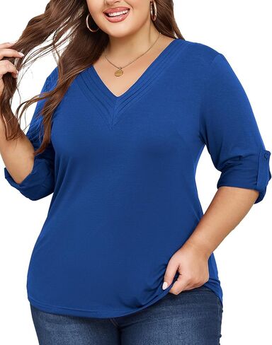 Women Plus Size Tops Pleated V Neck Shirts Roll Up 3/4 Sleeve Casual Fall Tunic Top Dressy Blouses in Saudi Arabia