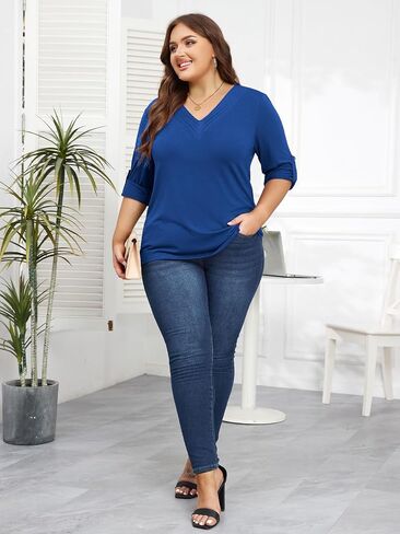 Women Plus Size Tops Pleated V Neck Shirts Roll Up 3/4 Sleeve Casual Fall Tunic Top Dressy Blouses in Saudi Arabia