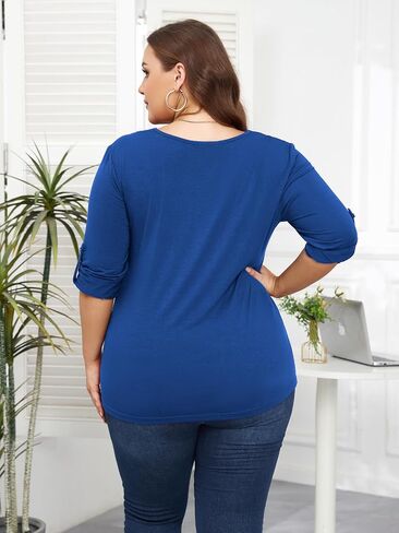 Women Plus Size Tops Pleated V Neck Shirts Roll Up 3/4 Sleeve Casual Fall Tunic Top Dressy Blouses in Saudi Arabia