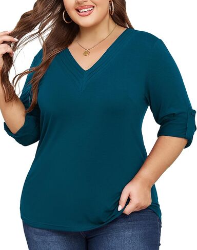 Women Plus Size Tops Pleated V Neck Shirts Roll Up 3/4 Sleeve Casual Fall Tunic Top Dressy Blouses in Saudi Arabia