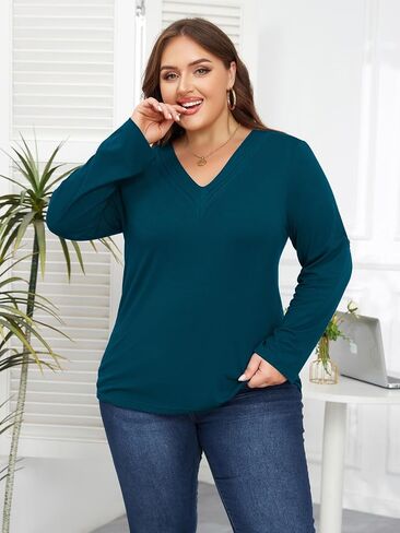 Women Plus Size Tops Pleated V Neck Shirts Roll Up 3/4 Sleeve Casual Fall Tunic Top Dressy Blouses in Saudi Arabia