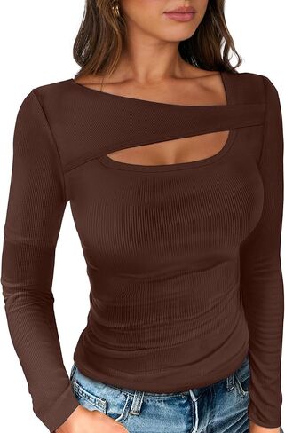 Womens Cutout Tops Trendy Sexy Long Sleeve Shirts Ribbed Slim Fit Tee 2024 Fall Fashion Going Out Tshirts Clothes in Saudi Arabia