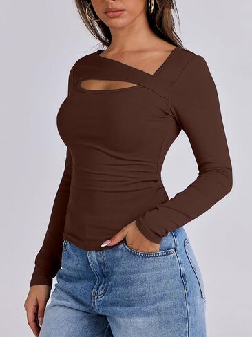 Womens Cutout Tops Trendy Sexy Long Sleeve Shirts Ribbed Slim Fit Tee 2024 Fall Fashion Going Out Tshirts Clothes in Saudi Arabia