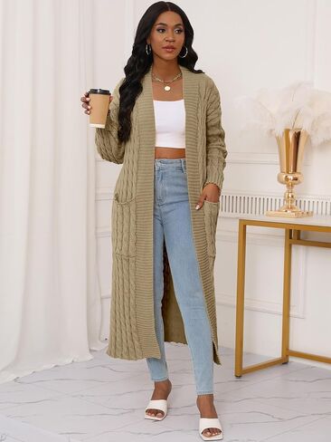 Womens Long Cardigan Sweater Open Front Long Sleeve Chunky Cable Knit Duster Outerwear Maxi 2024 Fall Jacket Coats in Saudi Arabia