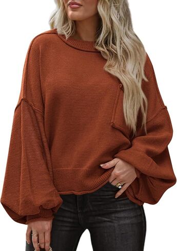 BTFBM Women's Oversized Lantern Long Sleeve Sweaters Casual Crewneck 2024 Fall Winter Outfits Ribbed Knit Pullover Tops in Kuwait
