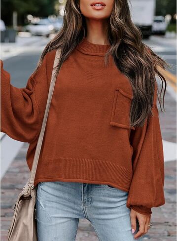 BTFBM Women's Oversized Lantern Long Sleeve Sweaters Casual Crewneck 2024 Fall Winter Outfits Ribbed Knit Pullover Tops in Kuwait