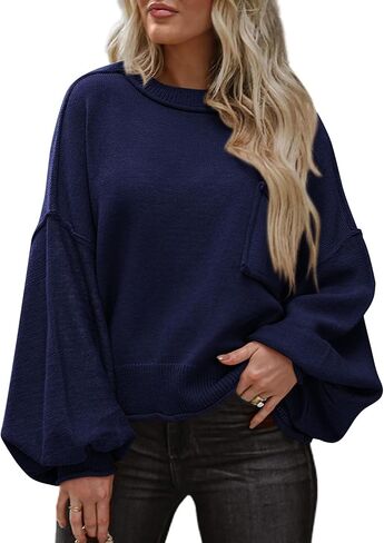 BTFBM Women's Oversized Lantern Long Sleeve Sweaters Casual Crewneck 2024 Fall Winter Outfits Ribbed Knit Pullover Tops in Kuwait