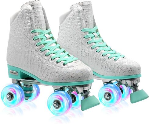 Roller Skates for Women Girls and Kids, Light Up Wheels - Quad Outdoor PU Leather High-Top Design Derby Rollerskates for Beginners Youth Sizes 2 3 4 5 6 7 8 9 10 11 in Kuwait