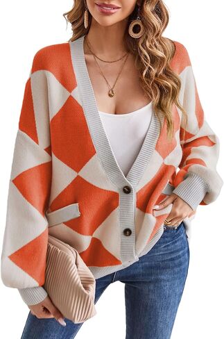 Mansy Women's Cardigan Sweater Checkered Long Sleeve Open Front Button Down V-Neck Loose Knit Outwear Coat in Saudi Arabia