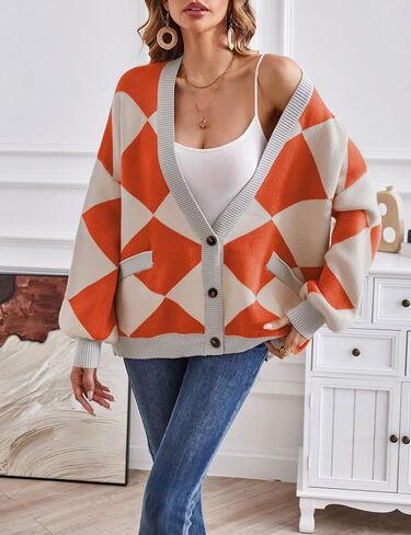 Mansy Women's Cardigan Sweater Checkered Long Sleeve Open Front Button Down V-Neck Loose Knit Outwear Coat in Saudi Arabia