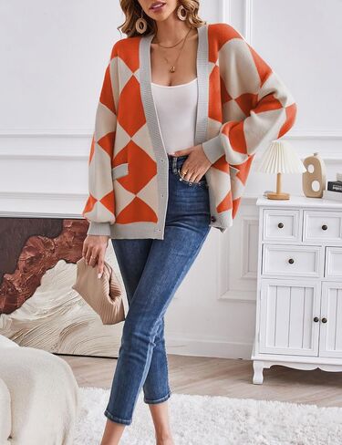 Mansy Women's Cardigan Sweater Checkered Long Sleeve Open Front Button Down V-Neck Loose Knit Outwear Coat in Saudi Arabia
