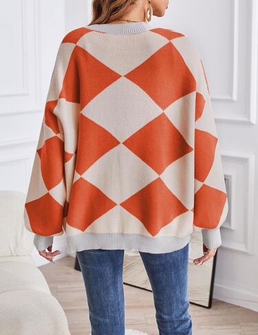 Mansy Women's Cardigan Sweater Checkered Long Sleeve Open Front Button Down V-Neck Loose Knit Outwear Coat in Saudi Arabia