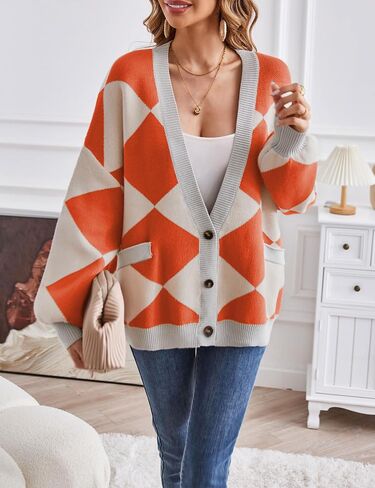 Mansy Women's Cardigan Sweater Checkered Long Sleeve Open Front Button Down V-Neck Loose Knit Outwear Coat in Saudi Arabia