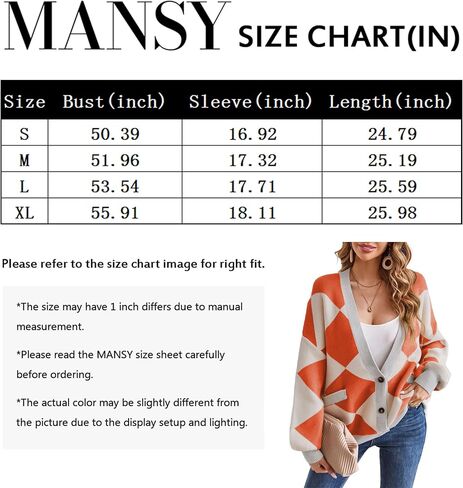 Mansy Women's Cardigan Sweater Checkered Long Sleeve Open Front Button Down V-Neck Loose Knit Outwear Coat in Saudi Arabia